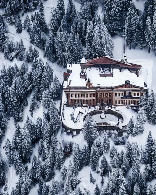 Image similar to burning mansion in the alps with snow covered roof zoomed out, shot from drone, iphone capture, fire