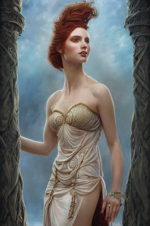 Image similar to ultra realist soft painting of a single beautiful mythical goddess in a full long curvy slim dress, thin long auburn hair, symmetry accurate features, very intricate details, volumetric lighting, by Tom Bagshaw Boris Vallejo