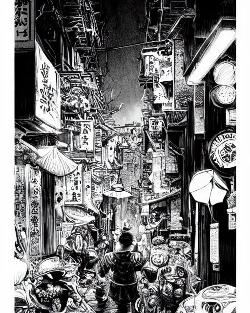 Image similar to highly detailed ink illustration of a dark alley of taipei, b & w clean shaped illustration by kim jung gi, ric estrada, ron english and eiichiro oda