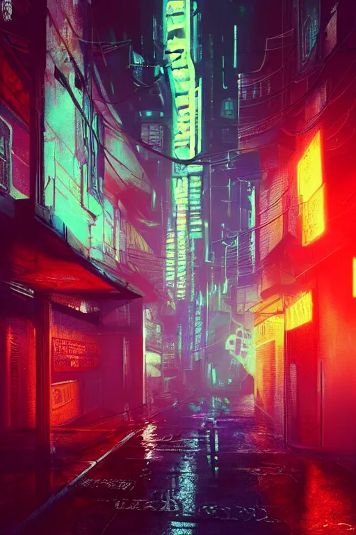 Image similar to street view of a cyberpunk alley, in the style of Blade Runner, rainy weather, neon lighting, vaporwave, retro wave, synthwave, highly detailed, digital painting, concept art, illustration, artstation, Roger Deakin's cinematography, Liam Wong, photo-realistic, 8k