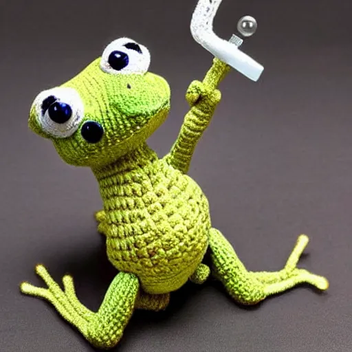 Prompt: tiny cute crotchet stuffed animal frog wields a sword and battles a mighty dragon, very detailed, beautiful, epic