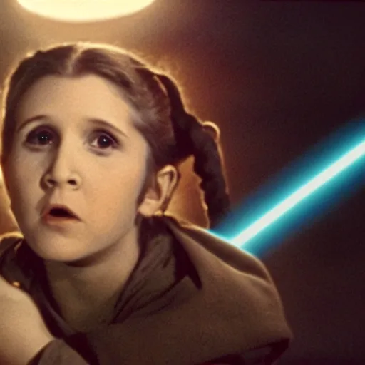 Prompt: film still of carrie fisher as a kid in new star wars movie, dramatic lighting, highly detailed face, kodak film, wide angle shot,