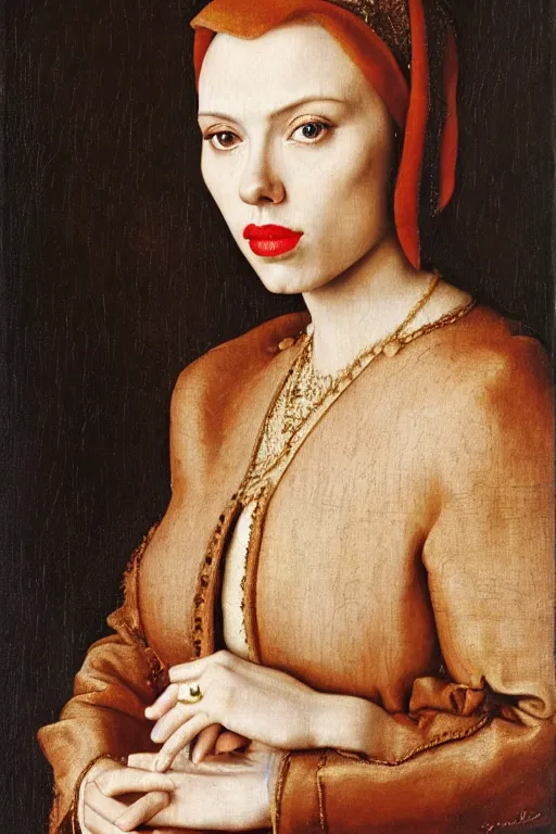 Prompt: portrait of scarlett johansson, oil painting by jan van eyck, by hans holbein, northern renaissance art, old masters, alla prima, realistic, expressive emotions, intricate textures, illusionistic detail