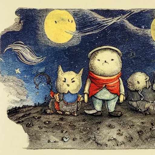 Prompt: night sky, stars, anthropomorphic talking moon with happy eyes prominently in the center, surrounded by clouds, landscape, illustrated by peggy fortnum and beatrix potter and sir john tenniel