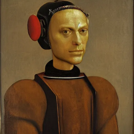 Prompt: renaissance oil portrait of an austere robot