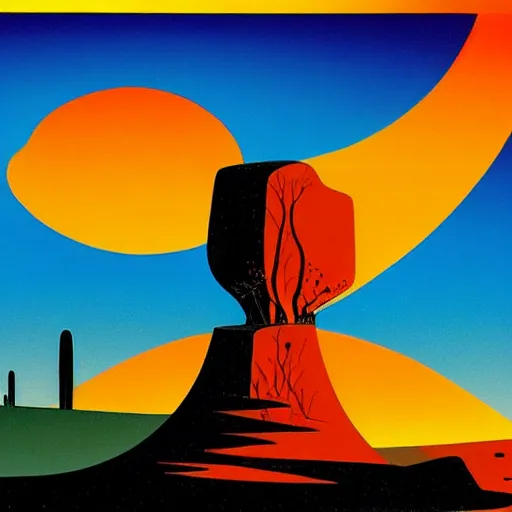 Prompt: sunset in the desert, animated film, stylised, illustration, by eyvind earle, scott wills, genndy tartakovski