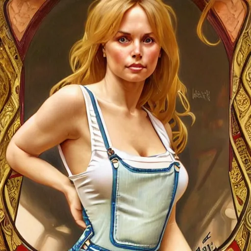 Image similar to portrait of a blonde fuller figured barbara bach from the bond film wearing dungarees and eating ice creams in porto, real life skin, intricate, elegant, highly detailed, artstation, concept art, smooth, sharp focus, art by artgerm and greg rutkowski and alphonse mucha