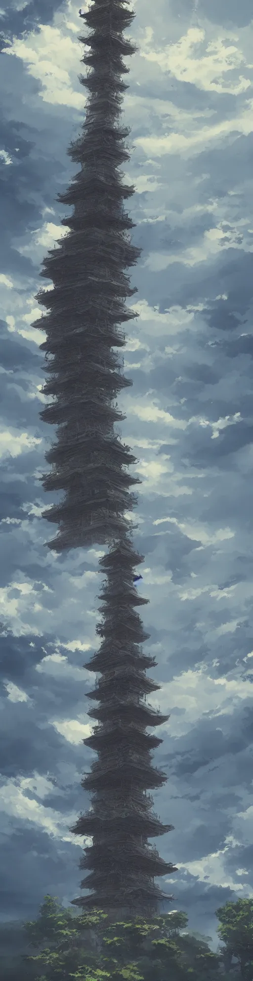 Image similar to one extremely tall pagoda with a path surrounded by mountains, stormy weather. Makoto Shinkai, anime, trending on ArtStation, digital art.