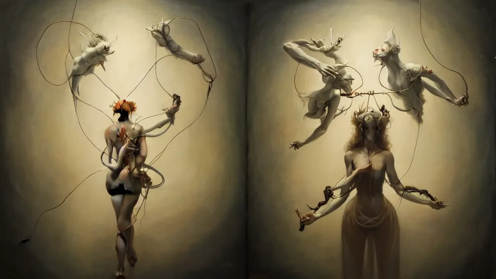 Image similar to people tethered and sewn to each other, in the style of peter mohrbacher by weta digital and beth cavener, high face symmetry, intricate, masterpiece, award winning, high face symmetry, intricate