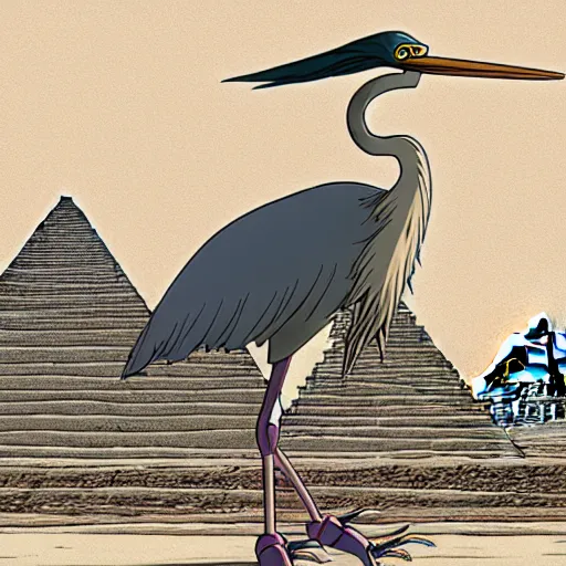 Image similar to a study of cell shaded cartoon of a mechanized grey heron from howl's moving castle ( 2 0 0 4 ), in front of pyramids on a desert road, full body, wide shot, very muted colors, post grunge, studio ghibli, laurie greasley, highly detailed, deviantart, art by artgem