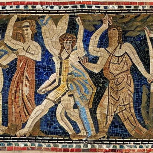 Image similar to an ancient roman mosaic of ultimate frisbee