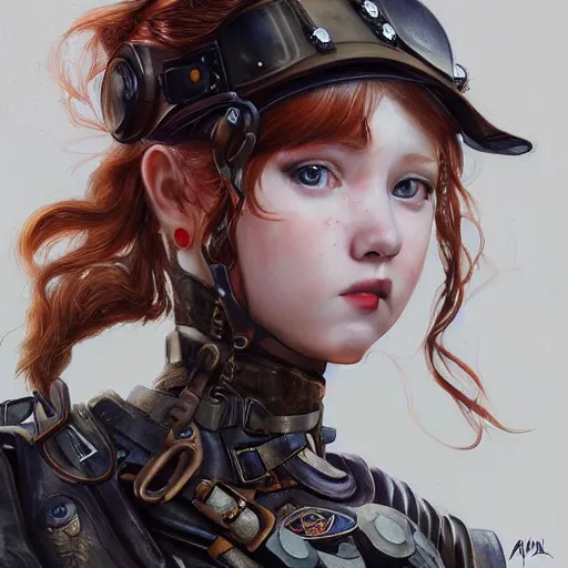 Prompt: portrait of a girl by ayami kojima, scottish, she is about 2 0 years old, wavy redhead, annoying little sister vibes, she is wearing a steampunk tactical gear, highly detailed portrait, digital painting, artstation, concept art, smooth, sharp foccus ilustration, artstation hq