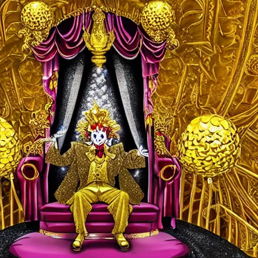 Image similar to manga of a shining majestic throne made of millions of diamonds, gold and zaphires with thousands of light reflections, and a clown on a tuxedo suit is sitting on the throne while handing a golden balloon, dramatic light