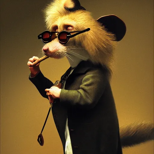 Prompt: an anthropomorphic rat, by albert bierstadt, digital art, 3 d, studio lighting, post processing, smoking a big cigar, wearing sunglasses, wearing a fur coat