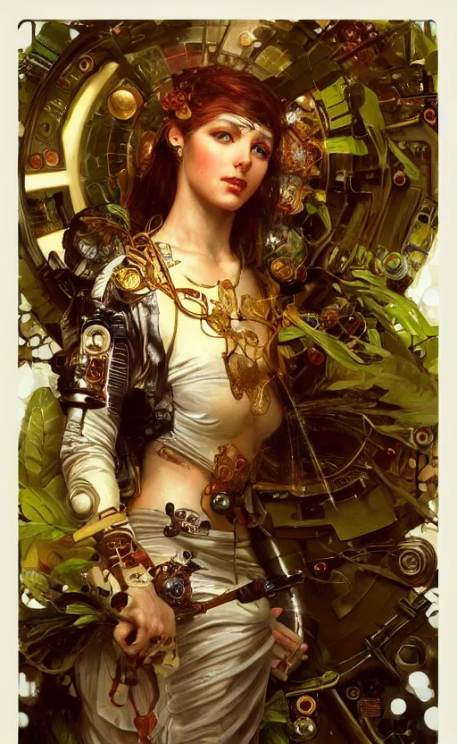 Prompt: hyper realistic time machine, cyberpunk, design on white background, beautiful details, lush foliage cyberpunk, gold, drawn by john singer sargent, tom bagshaw, norman rockwell, alphonso mucha, lolish, trending on artstation