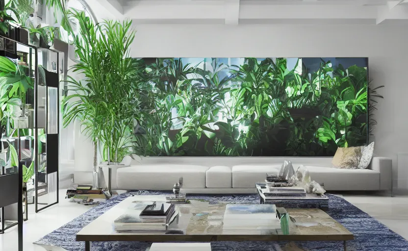 Image similar to empty room architecturaldigest interior, big widescren tv screen in the middle, tropical indoor plants, open shiny floor, v - ray render, high contras