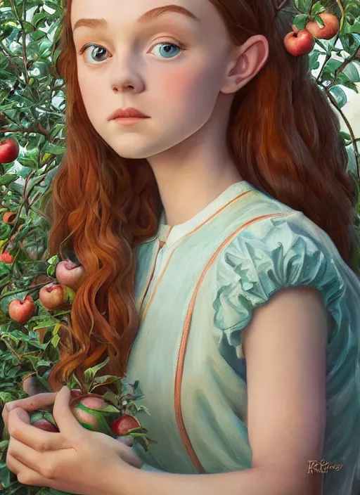 Prompt: well - lit art nouveau portrait of a 1 3 - year old girl who resembles millie bobby brown and sadie sink looking worried under an apple tree, natural lighting, path traced, highly detailed, high quality, cartoon, digital painting, by don bluth and ross tran and studio ghibli