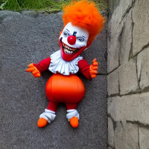 Image similar to it. clown with sharp teeth, red nose and orange hair smiling evilly from storm drain