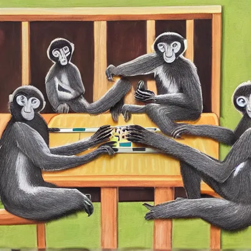 Image similar to A beautiful performance art of a group of monkeys playing backgammon. The monkeys are seated around a table, with some of them appearing to be deep in concentration while others appear to be playing more casually. by Gwenda Morgan robust
