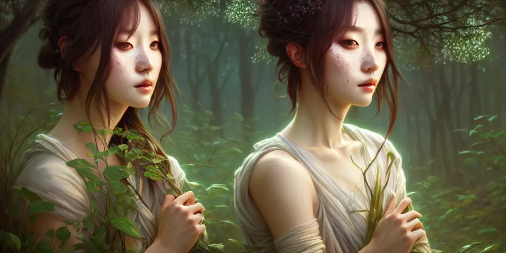 Image similar to beautiful digital painting of a hoyeon jung stylish female forest at night with high detail, real life skin, freckles, 8 k, stunning detail, works by artgerm, greg rutkowski and alphonse mucha, unreal engine 5, 4 k uhd