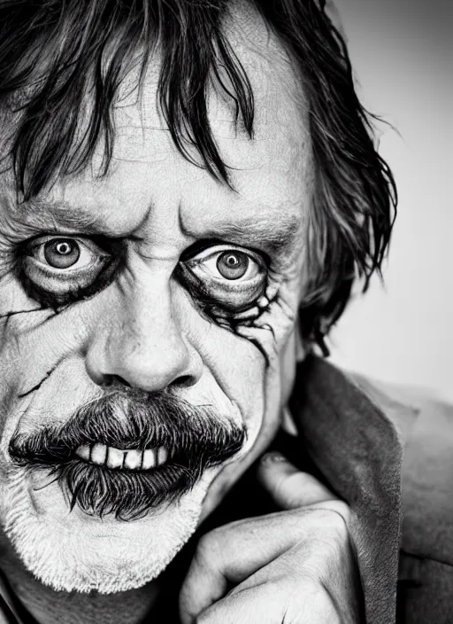 Image similar to photo of Mark Hamill as the Joker by Lee Jeffries and Eolo Perfido, bigsmile, detailed, award winning, Sony a7R