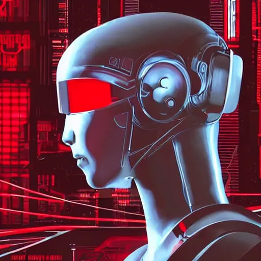 Prompt: Red cyberpunk robot concept art from the latest release of the cyberpunk video game series. This amazing side profile illustration captures the very essence of what AAA games have to offer