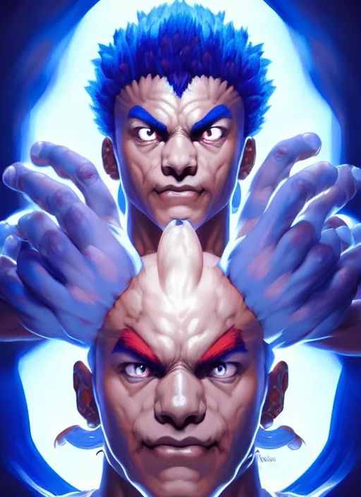 Image similar to symmetry!! portrait of blue akuma, street fighter, global illumination!! intricate, elegant, highly detailed, digital painting, artstation, concept art, smooth, sharp focus, illustration, art by artgerm and greg rutkowski and alphonse mucha