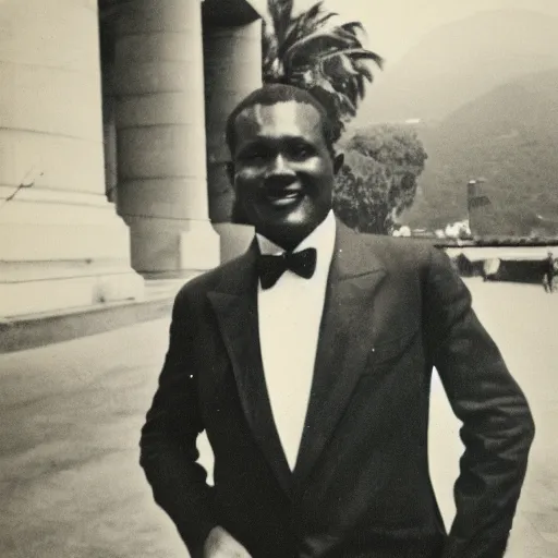 Image similar to vintage photo of a black man wearing a black suit in front of rio de janeiro