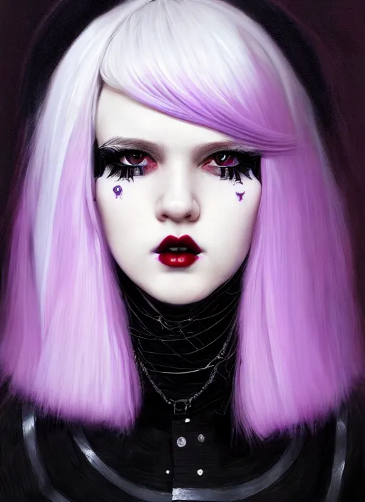 Image similar to portrait of white teenage girl, normal face, black bangs, mall goth, cyberlox, black and white hair, bangs, fluffy bangs, red contacts, purple lipstick, intricate, elegant, highly detailed, digital painting, artstation, concept art, sharp focus, smooth, illustration, art by wlop, mars ravelo and greg rutkowski