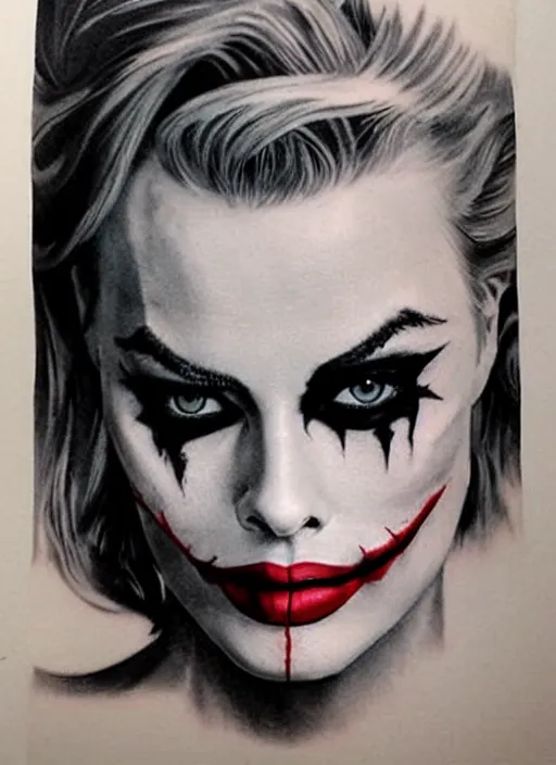 Prompt: tattoo design of beautiful margot robbie with a little smile with joker makeup and holding ace card, in the style of den yakovlev, realistic face, black and white, realism tattoo, hyper realistic, highly detailed