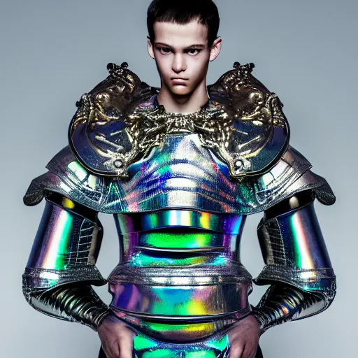 Image similar to a portrait of a beautiful young male wearing an alexander mcqueen armor made of holographic wax , photographed by andrew thomas huang, artistic