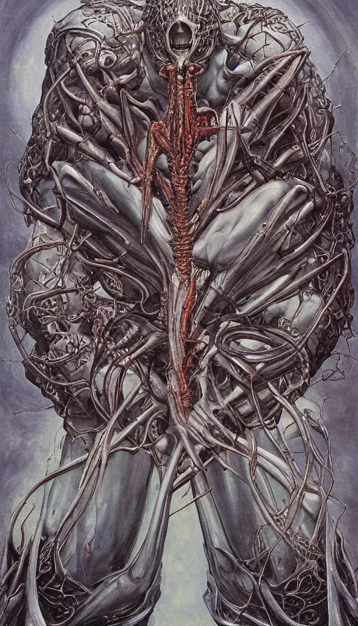 Prompt: Elden Ring and Guyver themed painting of symmetrical torso alien dissection anatomy with crossed hands concept, intricate artwork by H.R. Giger, Johnatan Wayshak, Zdizslaw Beksinski, Ayami Kojima, Amano, Karol Bak, Moebius, and Mark Brooks, Neo-Gothic, gothic, rich deep colors, art by Takato Yamamoto, masterpiece, face by Artgerm, very coherent artwork, cinematic, hyper realism, high detail, octane render, unreal engine, 8k, High contrast, golden ratio, trending on cgsociety