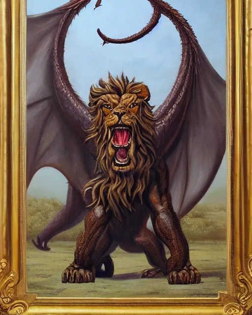 Image similar to oil painting of a mythical manticore, a legendary animal with the head of a man, the body of a lion, and the tail of a dragon or scorpion. in the style of michael whelan, darryl k. sweet, trending on artstation