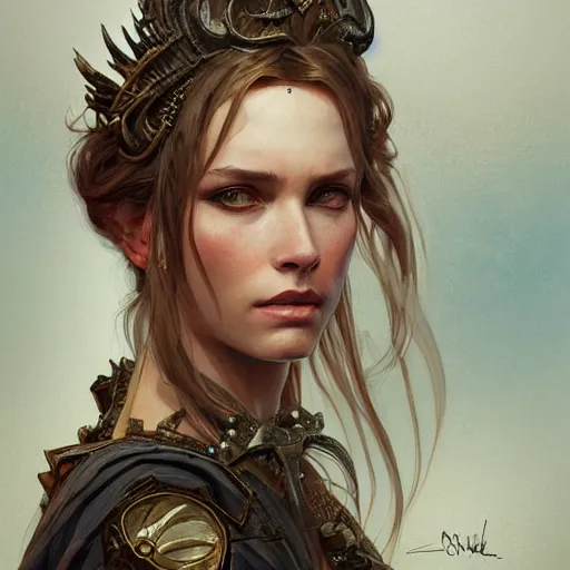 Prompt: portrait of a rugged queen, D&D, fantasy, intricate, elegant, highly detailed, digital painting, artstation, concept art, smooth, sharp focus, illustration, art by artgerm and greg rutkowski and alphonse mucha