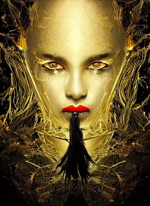 Image similar to glowing silver and golden elements, full close-up portrait, vector dark witch from unsplash, book cover, green forest, white moon, red lips, establishing shot, extremly high detail, photo-realistic, cinematic lighting, pen and ink, intricate line drawings, by Yoshitaka Amano, Ruan Jia, Kentaro Miura, Artgerm, post processed, concept art, artstation, matte painting, style by eddie mendoza, raphael lacoste, alex ross