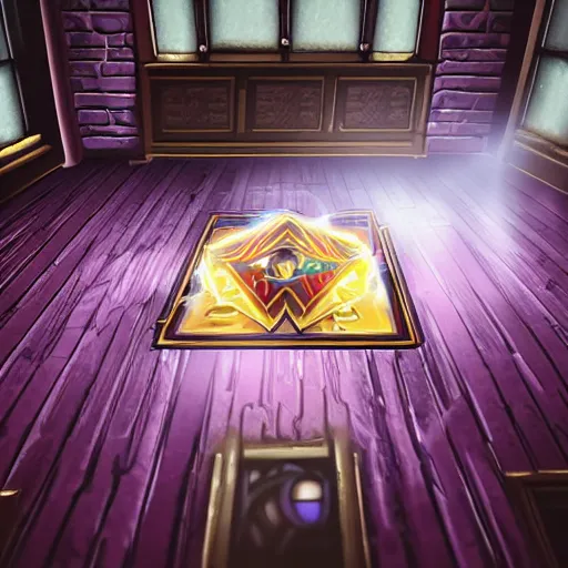 Image similar to yugioh cards on floor, dark room, fog atmosphere, god rays,dramatic lighting, detailed