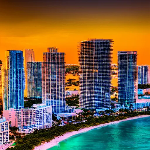 Image similar to miami beach at sunset, 4 k, high detail, high - resolution photograph, professional photography, ultra - detail