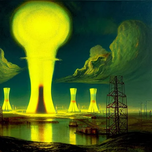 Image similar to A nuclear power plant in utopia by Simon Stålenhag and J.M.W. Turner, oil on canvas; Nuclear Fallout, Art Directio by Adam Adamowicz