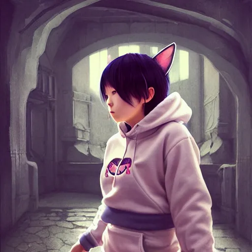 Image similar to very small little girl in a cat hoodie by ross tran, walking in a castle painted by sana takeda, rtx reflections, very high intricate details, digital anime art by artgerm, medium shot, mid - shot, composition by ilya kuvshinov, lighting by greg rutkowski