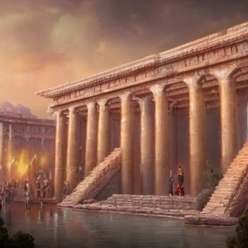 Prompt: a beautiful and realistic matte painting of the Temple of Herod aflame