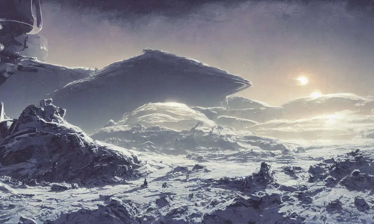 Prompt: frozen wasteland frontiers with clouds and fog on an alien science-fiction planet with distant mountains and snow, ravine in the middle, derelict spaceship covered in snow in the background, by Syd Mead, Federico Pelat