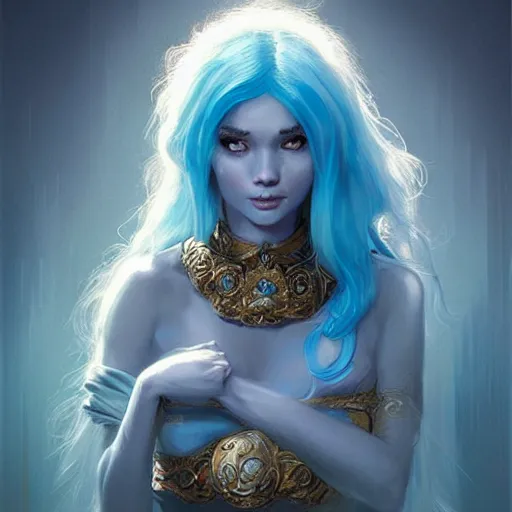 Image similar to a portrait of smurfette as a sorceress, urban motifs, intricate, elegant, highly detailed, digital painting, trending on artstation, concept art, smooth sharp focus, illustration, art by artgerm and greg rutkowski