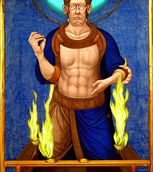 Image similar to hank hill as the god of propane, white tshirt, blue jeans, surrounded by blue fire and blue flames, renaissance religious painting, late gothic religious paintings, byzantine religious art, painting by duccio di buoninsegna and carlo crivelli, trending on artstation