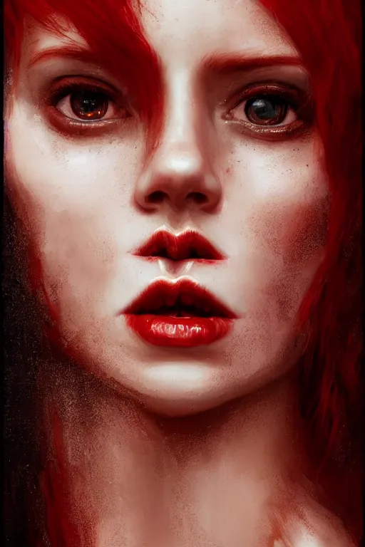 Image similar to extreme close up red haired vampire character portrait, beautiful face, cinematic lighting, hyper - detailed, cgsociety, 8 k, high resolution, in the style of charlie bowater, tom bagshaw, single face, symmetrical, headshot photograph, insanely detailed and intricate, cinematic, portrait, raphaelite, headroom, artstation, pierre - auguste renoir