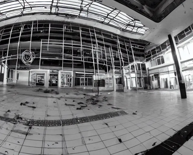 Image similar to camera footage of an abandoned shopping mall overtaken by spiders, high exposure, dark, monochrome, camera, grainy, CCTV, security camera footage, timestamp, zoomed in, fish-eye lense, spiders, webs