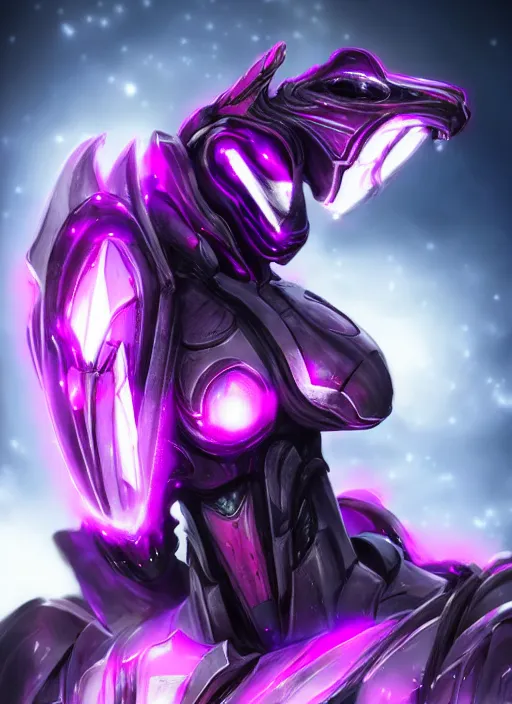 Image similar to cinematic goddess close shot, cosmic sized beautiful stunning elegant hot giant robot mecha female dragon, sharp cyborg dragon head, sharp metal ears, led glowing purple eyes, smooth fuschia skin, smooth silver armor, floating in space, epic proportions, epic scale, macro furry, furry art, dragon art, giantess art, warframe fanart, furaffinity, octane