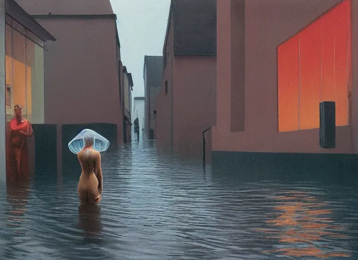 Image similar to woman with mohawk dressed in transparent plastic bags, on flooded street Edward Hopper and James Gilleard, Zdzislaw Beksinski, highly detailed