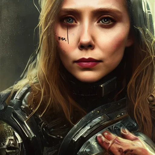 Prompt: elizabeth olsen portrait, dystopia core, apocalyptic, armor, warrior, dramatic, sharp focus, fiction, neon, fantasy, hyper detailed, digital art, trending in artstation, cinematic lighting, studio quality, smooth render, unreal engine 5 rendered, octane rendered, art style and nixeu and wlop and krenz cushart