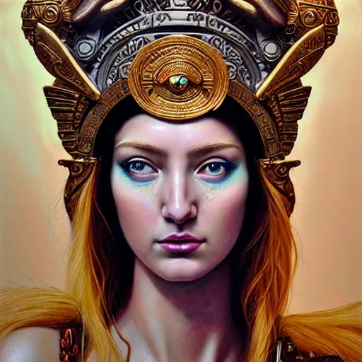 Image similar to hyperrealistic mixed media painting of beautiful goddess Athena, stunning 3d render inspired art by P. Craig Russell and Barry Windsor-Smith, perfect facial symmetry, dim volumetric lighting, full full full full face face face face face 8k octane beautifully detailed render, headpiece headpiece headpiece, post-processing, portrait, extremely hyper-detailed, intricate, epic composition, brown brown brown eyes eyes eyes eyes, realistic realistic realistic eyes, cinematic lighting, masterpiece, trending on artstation, detailed detailed detailed, masterpiece, stunning