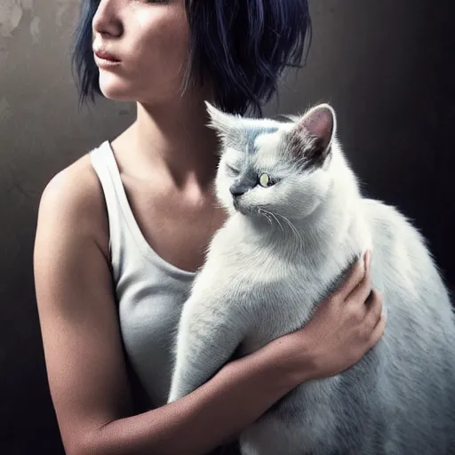 Image similar to A beautiful woman with blue short hair with bangs holding a grey and white cat, full body by Cedric Peyravernay, highly detailed, excellent composition, dramatic lighting, realistic 4k